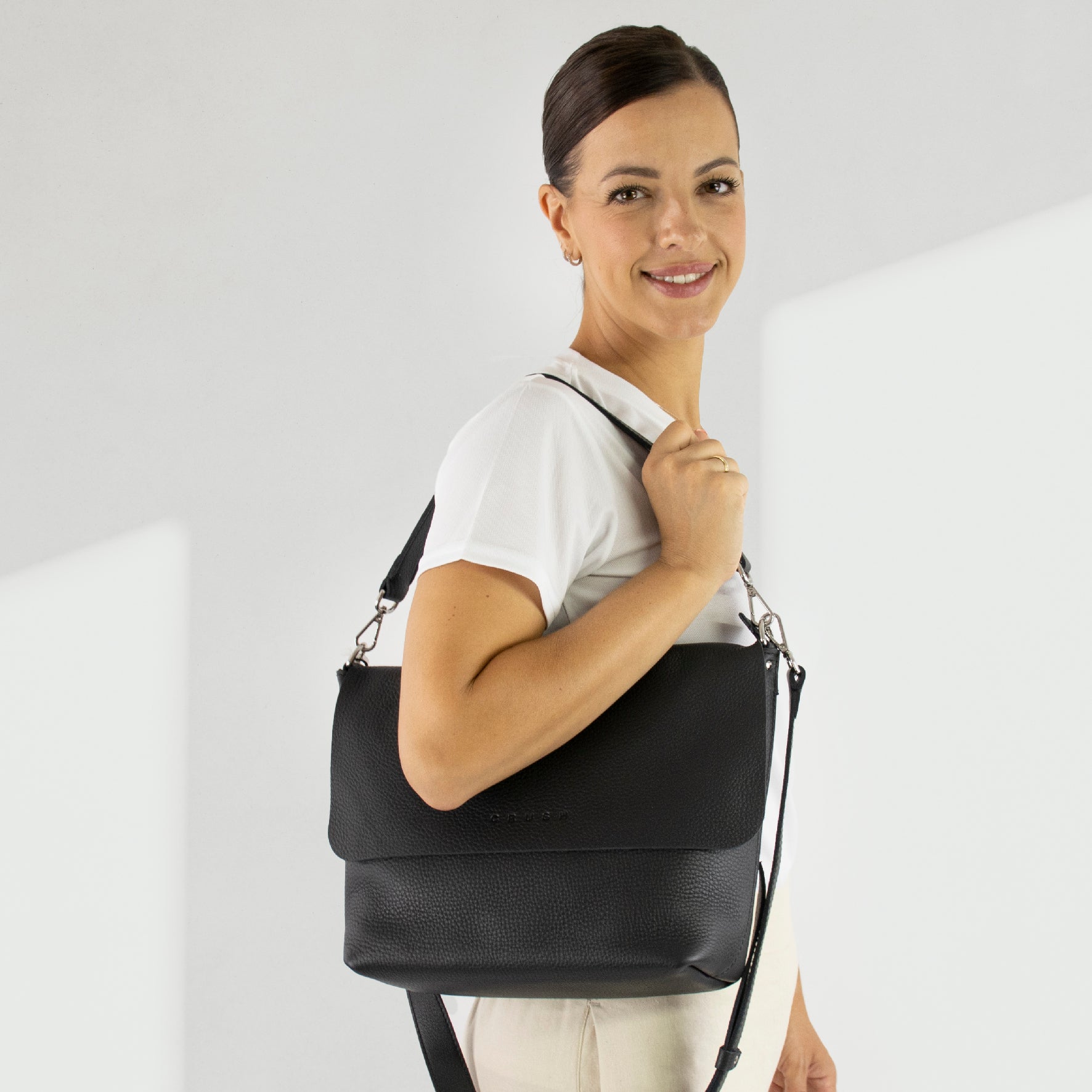 Leather Crossbody Bag Women L Black- Joy Syna